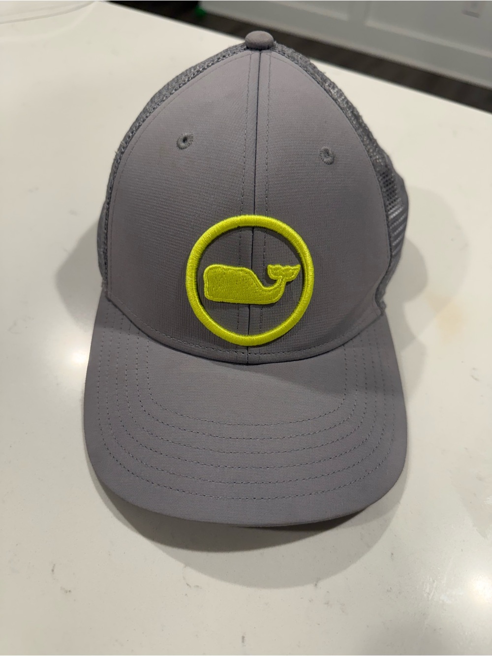 Vineyard Vines Gray Trucker Hat with Neon Yellow Whale Patch